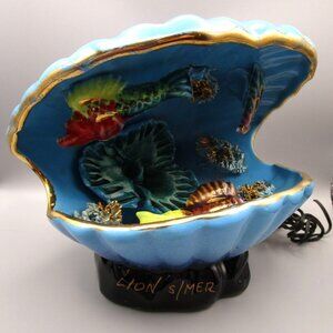 Vintage Vallauris Lion S/Mer Blue Ceramic Clam Shell Lamp Base Cut Cord No Bulb